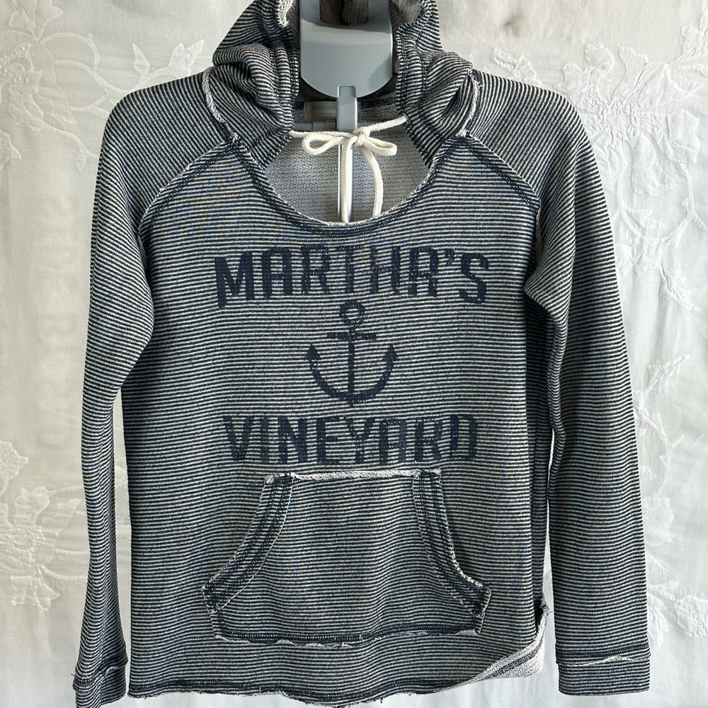 Ocean Drive Navy and White Striped Cowl Neck Long Sleeve W/Hoodie SzM - Picture 9 of 13
